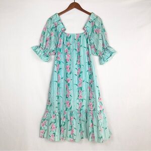 T and L Muu Muu Factory Hawaii‎ Floral Dress Puff Sleeve Striped